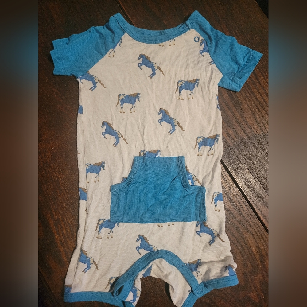 Kyte BABY Blue and White Horse Print Shortall Romper Bamboo 2T